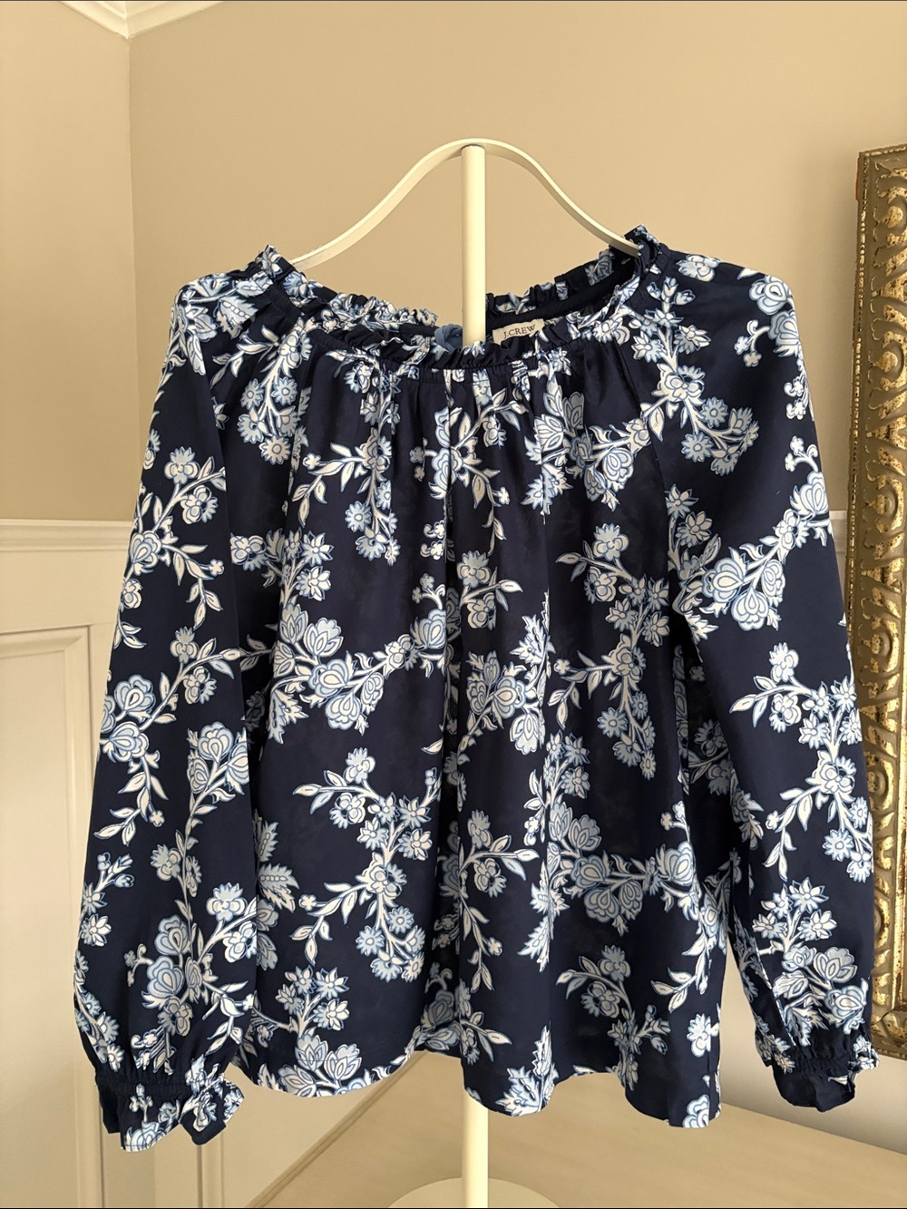 J. Crew Navy and Light Blue Floral Off-Shoulder Top